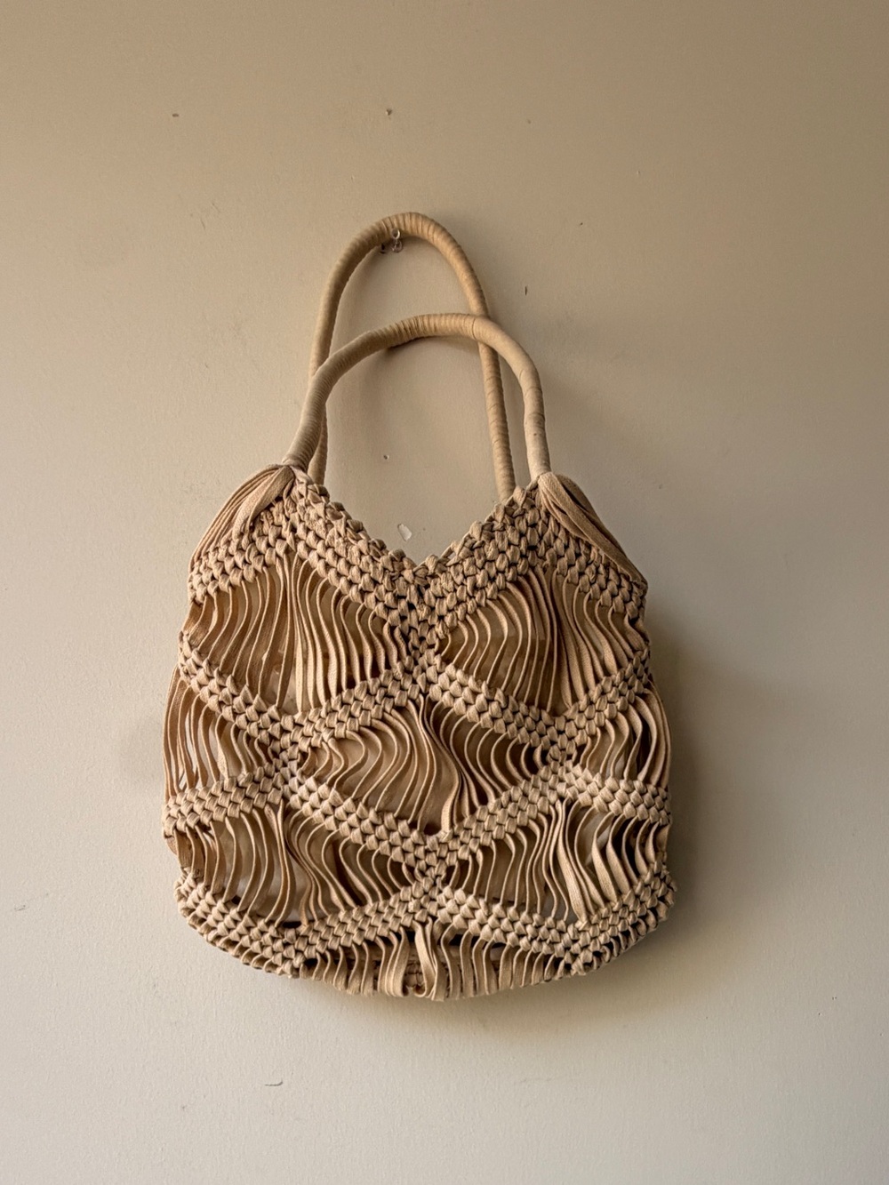 London Kaye Handwoven Beige Macramé Tote Bag with Double Handles